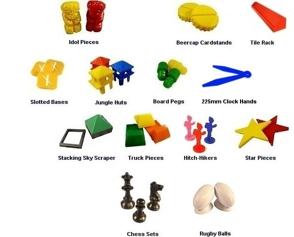 Plastic games pieces, dice, arrow spinners, Counters and plastic Sand Timers for board games and promotions.