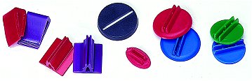 Plastic card stands and card holders for board games.